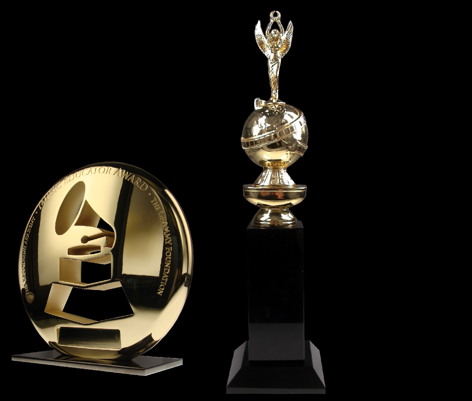 The GRAMMY Music Educator Award with the Golden Globe statue, both crafted from Bronze with 24k gold